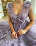 Elegant Tulle A Line Long Prom Dresses Sheer V Neck 3D Flowers Evening Dresses