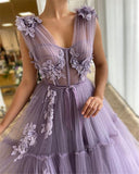 Elegant Tulle A Line Long Prom Dresses Sheer V Neck 3D Flowers Evening Dresses