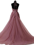 A Line Halter Lace Appliqued See-through Long Beads Lace up Tulle Backless Prom Dresses