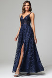 A-line Dark Navy Spaghetti Straps V-neck Lace Prom Dresses