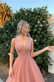 Elegant A Line Tulle Pink V Neck Beads Prom Dresses, Long Evening SRS20477