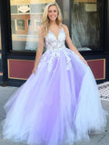 Charming Ball Gown V Neck Tulle Lace Appliques Prom Dresses, Evening STK15625