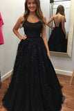 A Line Round Neck Black Lace Prom Dresses with Beading, Beads Criss Cross Party Dresses STK15017