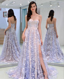 Charming Sweetheart Strapless Lace Appliques Lilac Prom Dresses with STK15632