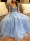 Stylish A-Line V-Neck Off-the-Shoulder Blue Tulle Long Evening Dresses with Beading