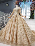 Long Sleeve Ball Gown Beads Lace Appliques Prom Dresses Sequins Quinceanera Dresses STK15241
