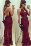 2024 Hot Sheath Halter Open Back Lace Prom Dresses PQNEJNXL