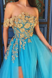 Elegant Off the Shoulder Blue Lace Prom Dresses with Gold Appliques Tulle Party Dresses STK15187