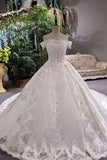 2024 Luxurious Satin Wedding Dresses Lace Up Boat Neck With Appliques P7D39LKX