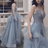 Spaghetti Straps Blue Gray Tulle V Neck Long Ruffles Prom Dresses with Lace Applique STK15411