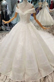 2024 Off-The-Shoulder Ball Gown Lace Lace Up Back Royal Train Wedding Dress PQC5J5XY