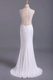 2024 Hot High Neck Prom Dresses Sheath Lace & Spandex Sweep PBG51FGC