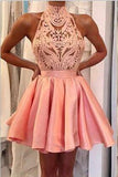 2024 A Line High-Neck Satin & Lace Short/Mini Homecoming Dresses With Detachable Train