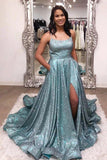 Shinning Blue Spaghetti Straps Prom Dresses With Slit Evening Dresses Graduation School Party Gowns