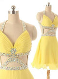 Dramatic A-line V-neck Short Chiffon Backless Daffodil Homecoming Dress with Rhinestone