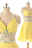 Dramatic A-line V-neck Short Chiffon Backless Daffodil Homecoming Dress with Rhinestone