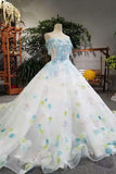 2024 New Arrival Floral Boat Neck Wedding Dresses Lace Up With Appliques And PE8PM6BJ