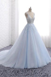 Princess Light Blue Long Ball Gown Lace Tulle Prom Dresses, V Neck Formal Dresses STK15297