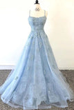 Elegant Spaghetti Straps Lace Applique Blue Bateau Tulle Backless Long Prom Dresses STK15201