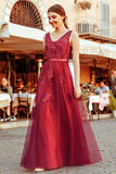 Elegant V Neck Burgundy Beads Appliques Lace Evening Dresses, Long Prom Dresses STK15211