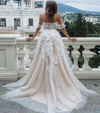 Princess A Line Off the Shoulder Sweetheart Beach Wedding Dresses with Appliques STK15585