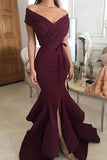 2024 Off The Shoulder Evening Dresses Mermaid Satin With Sash And Slit PJNGCDL8