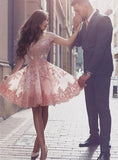 A-Line Off the Shoulder Short Sleeves Blush Sweetheart Homecoming Dresses with Appliques