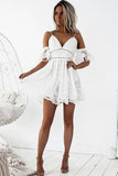 A-Line Spaghetti Straps Short White Lace Sleeveless Homecoming Dress with Ruffles