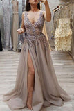 Charming A Line V Neck Open Back High Split Grey Lace Long Beads Long Prom Dresses JS213