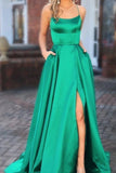 Elegant A Line Green Lace up Prom Dresses with Pockets Slit Formal Evening STK15634