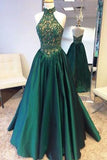 Elegant Halter Sweep Train Hunter Prom Dress with Lace Beading Prom Dresses