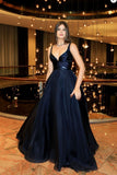 2024 A-Line V-Neck Dark Blue Sleeveless Satin Floor-Length Sweep Train Prom SRS10067