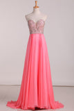 2024 A Line Prom Dresses Sweetheart Beaded Bodice Chiffon Sweep Train