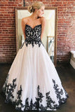 A Line Sweetheart Strapless White Tulle Black Lace Appliques Formal Prom Dresses STK15558