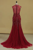 2024 Burgundy Prom Dresses High Neck Mermaid With Beading Sweep Train Tulle&Lace