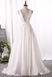 2024 V Neck A Line Taffeta Evening Dresses Sweep Train Open Back