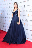 2024 A-Line V-Neck Dark Blue Sleeveless Satin Floor-Length Sweep Train Prom SRS10067