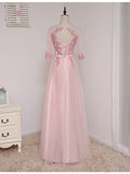 A-line Scoop Half Sleeve Lace/Applique Floor-length Prom Dresses Evening Dresses