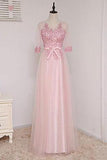 A-line Scoop Half Sleeve Lace/Applique Floor-length Prom Dresses Evening Dresses