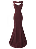 Burgundy Applique Long Mermaid Prom Dresses Evening Dresses