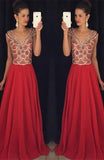 Red V-neck Beading Bodice Long Chiffon Prom Dresses Evening Dresses