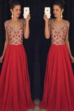 Red V-neck Beading Bodice Long Chiffon Prom Dresses Evening Dresses