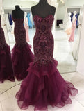 Strapless Sweetheart Long Tulle Mermaid Beads Prom Dresses, Maroon Formal Dresses STK15433