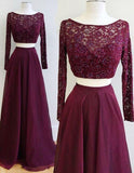 Two Piece Burgundy Bateau Long Sleeves Floor-Length Prom Dress with Lace Beading