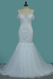 2024 Off-The-Shoulder Mermaid Wedding Dresses Tulle With Applique P1C5TJZ4