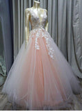 Charming Ball Gown V Neck Tulle Lace Appliques Prom Dresses, Evening STK15625