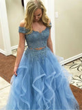 Blue Off the Shoulder Two Pieces Tulle Beads Prom Dresses with Lace Appliques STK15500