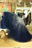 Best Ball Gown Strapless Floor Length Tulle Navy Blue Prom/Evening Dresses with Beading