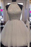 Chic Halter Sexy Open Back White Beading Sleeveless Short Tulle Homecoming Dress