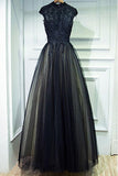 Vintage A Line Chic Long Black Lace Cap Sleeves High Neck Beads Appliques Prom Dresses